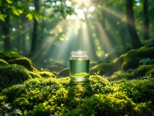 Poster - a jar of liquid sitting on moss-covered ground in a forest, with sunlight streaming through the trees.