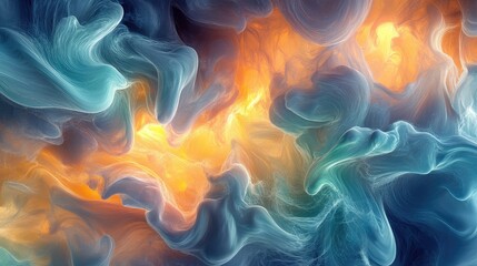 Wall Mural - ethereal abstract composition of dark swirling smoke waves with fiery orange and cool blue tones cre