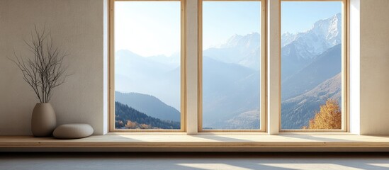 serene minimalist hotel interior featuring rustic wooden windows with a breathtaking neutral mountai