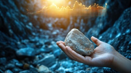 Poster - Hand Holding Stone with Digital Data Overlay in Nature Background