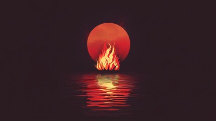 Poster - Artistic Representation of Fire and Abstract Sun Over Water Surface