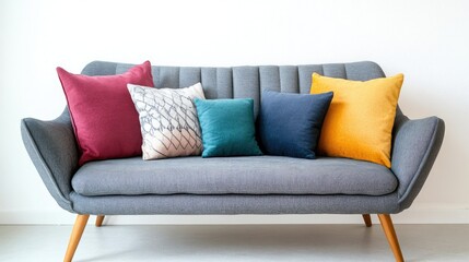 Fototapete - Modern gray sofa adorned with colorful decorative pillows against a clean white background showcasing contemporary interior design aesthetics