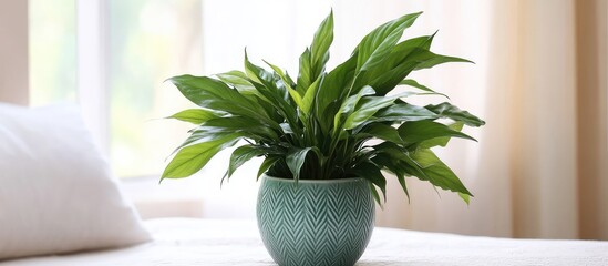 Wall Mural - Lush green houseplant in a textured teal pot on a sunlit hotel room windowsill with soft beige curtains and ample empty space for text.