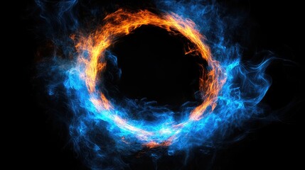 Wall Mural - circular abstract design featuring a black background with vibrant blue and orange flames, creating 
