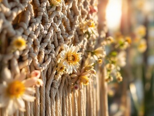 Aufkleber - A close-up of a macrame wall hanging adorned with spring flowers, glowing sunlight highlighting the textures, blurred boho-style interior in the background, trendy and artistic