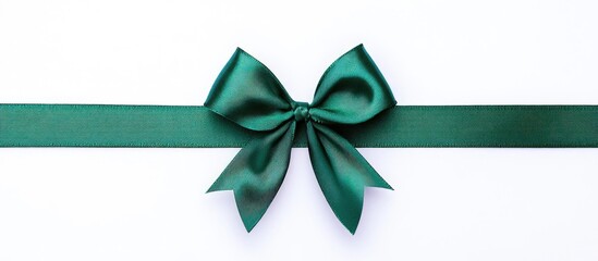 Wall Mural - Elegant Green Satin Bow on Gift Box Surrounded by Christmas Tree Decorations with White Background and Space for Seasonal Text