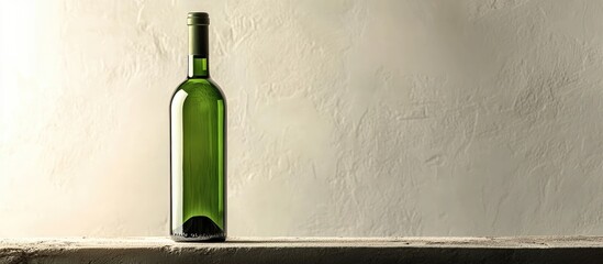 Sticker - Elegant Green Wine Bottle on Rustic Wooden Surface with Minimalist Empty Background for Copy Space in Soft Natural Light