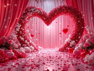 Aufkleber - a large, three-dimensional heart-shaped structure made from red and pink flowers, with a pink curtain and string lights in the background, creating a romantic and festive atmosphere.