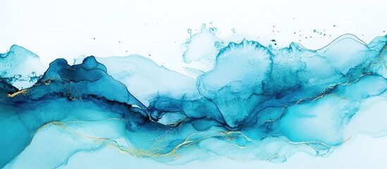 Aufkleber - Abstract fluid art with blue and turquoise ink waves and gold accents on white background with ample Copy Space.