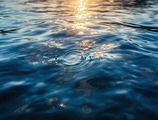 Poster - a serene body of water with ripples caused by a pebble being dropped in, reflecting a golden sunset or sunrise.