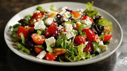 Sticker - Vibrant Greek salad with fresh feta cheese, ripe tomatoes, and mixed greens on a white plate garnished with healthy herbs