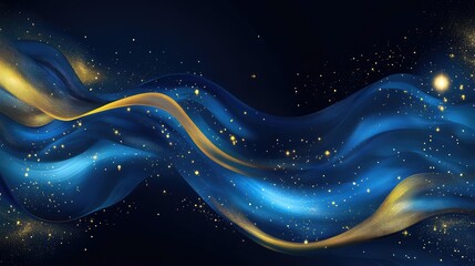 Aufkleber - abstract blue and gold wave patterns with sparkles on a dark background copy space