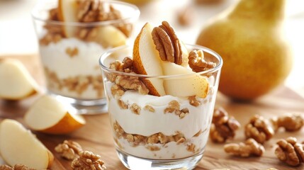 Canvas Print - Greek yogurt dessert with fresh pear slices and walnut topping in elegant glass cups on wooden background