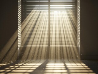 Poster - a window with closed blinds, allowing sunlight to stream through and cast patterns on the floor.
