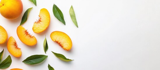 Wall Mural - Vibrant Freshly Sliced Peaches with Green Leaves on Bright White Background Offering Ample Copy Space for Text and Design Elements