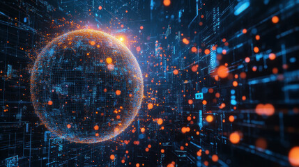 Wall Mural - Futuristic digital earth with glowing particles and data streams