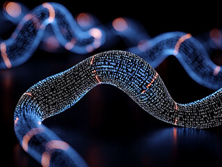 Poster - Abstract digital data stream, flowing code forming a dynamic wave. Futuristic tech concept, perfect for websites, presentations, and articles on AI, big data, or software development.