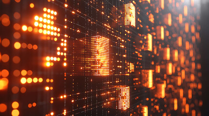 Poster - abstract glowing orange cubes and digital data streams on a dark background. perfect for tech, ai, d
