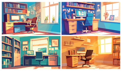 Poster - Office room. Cartoon home workplace interior with desk computer window chair documents, work business study room vector illustration