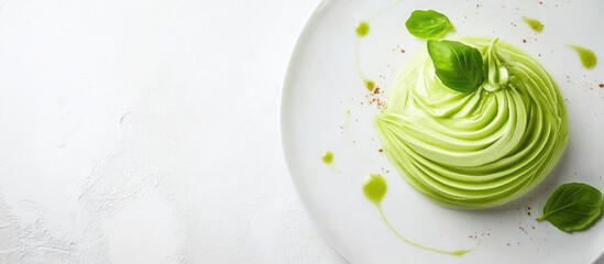 Canvas Print - Elegant green cream swirl dessert on a pristine white plate with fresh basil leaves and a drizzle of green sauce on a textured background, ideal for culinary presentations.