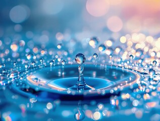 Aufkleber - a close-up of a drop of water on a blue surface, with other water droplets and a blurred background. The water drop is centered in the image, and the surface has a glossy appearance with reflections.