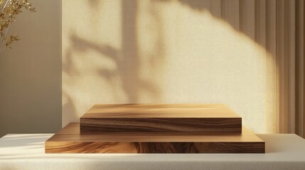 Aufkleber - Wooden display platforms on a neutral background with soft lighting and natural shadows Copy Space