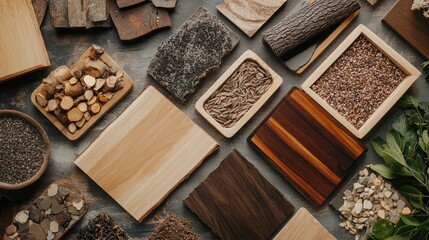Aufkleber - Variety of natural wood textures and materials arranged on a surface with Copy Space for text placement