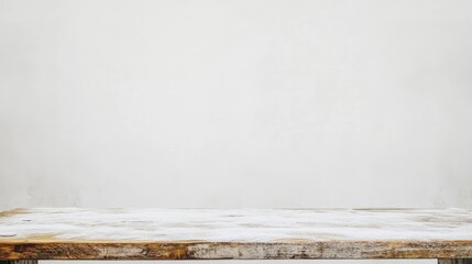 Aufkleber - Rustic wooden table with weathered surface on neutral white wall background, ideal for product display with ample Copy Space.