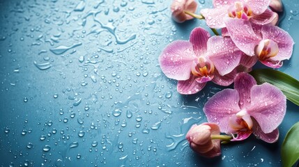 Aufkleber - Pink orchid flowers with water droplets on a blue background featuring copy space for text placement.