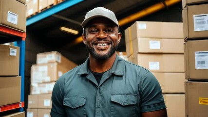 Wall Mural - A man is smiling and standing in front of a stack of boxes