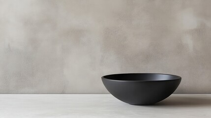 Aufkleber - Black ceramic bowl on a light wooden surface against a textured gray wall with Copy Space for text placement.