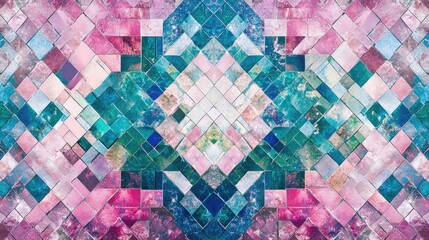 Aufkleber - Colorful geometric pattern with a mosaic design in shades of blue, green, pink, and white. Copy Space available for text placement.