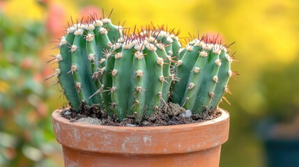 Sticker - Cacti in a terracotta pot with a blurred green and yellow background and ample Copy Space for text placement.