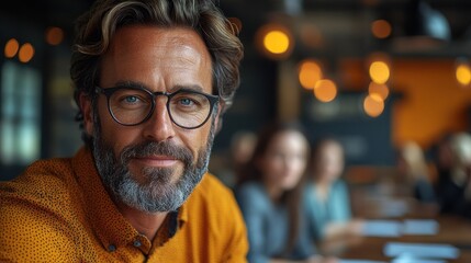 Poster - Professional Man with Glasses Smiling in a Modern Office Setting with Colleagues