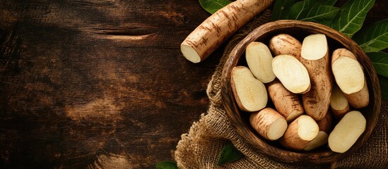 Wall Mural - Freshly harvested white sweet potatoes in a wooden bowl with green leaves and rustic burlap on a dark wooden surface Copy Space