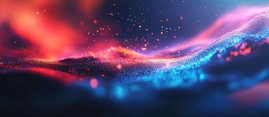 Aufkleber - Abstract colorful background with glowing particles and waves in blue, pink, and orange tones suitable for copy space.