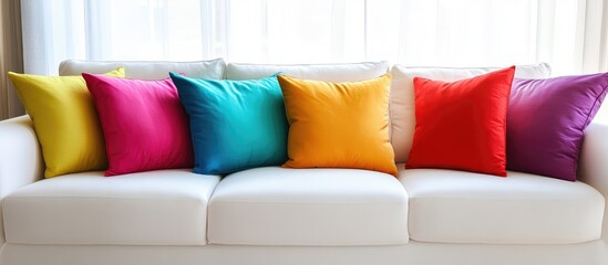 Poster - Colorful cushions arranged on a modern white sofa with natural light from a window Copy Space