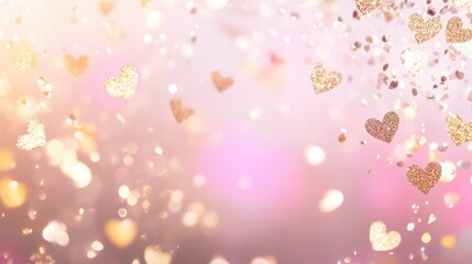 Aufkleber - Gold glitter hearts on a soft pink background with bokeh effects and Copy Space for text placement