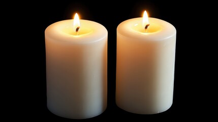 Aufkleber - Two white candles with flames against a dark background with Copy Space for text placement.