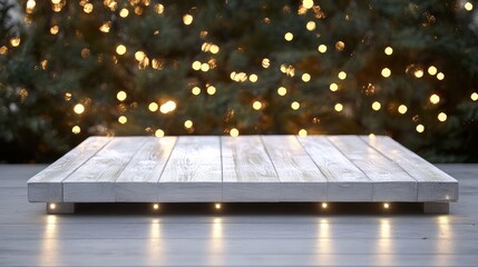 Aufkleber - Wooden platform with soft ambient lighting on deck under blurred bokeh Christmas lights Copy Space