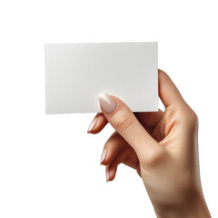 depiction of a female hand holding a blank rectangular card note paper, seen from the front in a realistic object 