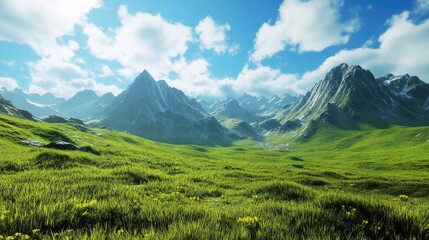 Wall Mural - Vast green meadow surrounded by towering mountains under a blue sky with fluffy clouds Copy Space