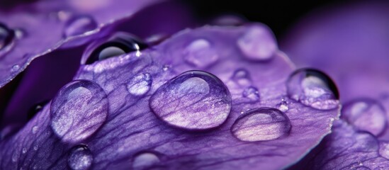Aufkleber - Purple flower petal with water droplets macro photography featuring detailed texture and soft focus, Copy Space available