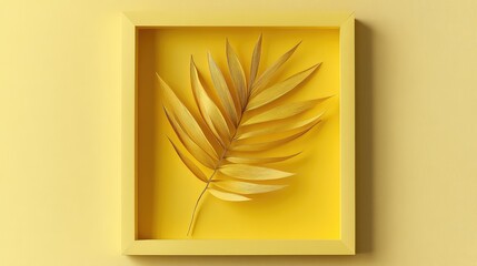 Aufkleber - Golden palm leaf in a yellow frame against a bright yellow background with copy space for text insertion.