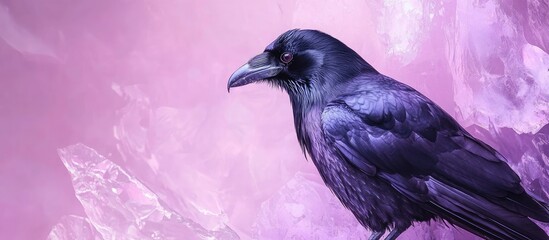 Aufkleber - Black raven perched against a backdrop of pink and purple crystals with Copy Space for text placement.