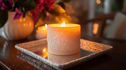 Poster - Cozy evening atmosphere with a lit decorative candle and blooming flowers