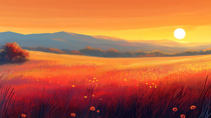 Wall Mural - abstract warm landscape of dry wildflowers and grassy meadows during golden hour sunset.