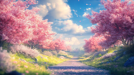Wall Mural - beautiful blurred spring background with blooming flowers, trees, and blue skies.