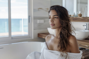 Sticker - A woman with long brown hair is sitting in a bathtub, looking out the window at the ocean