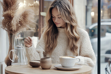 Wall Mural - Smiling young woman in a cozy sweater enjoying a latte in a beautifully decorated café